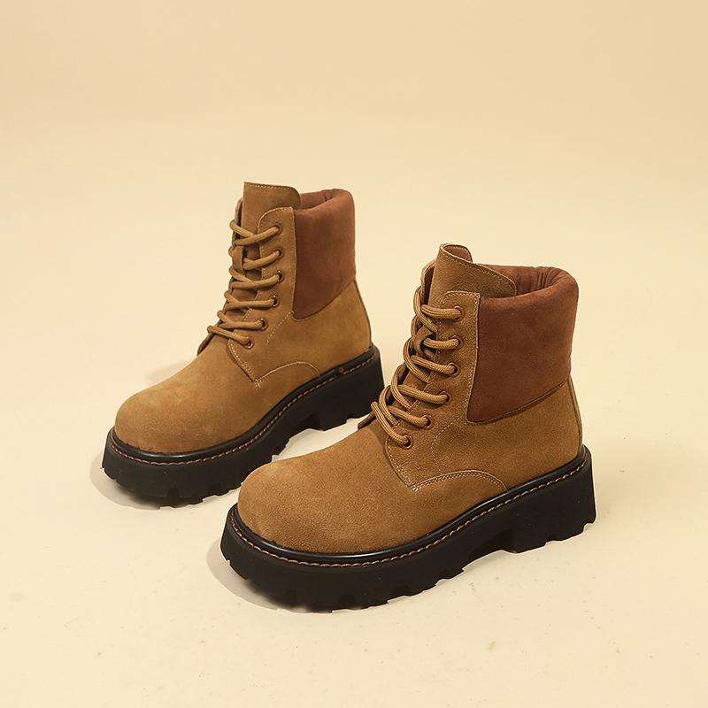 Autumn Winter Thick Sole Lace-Up Riding Boots Women's Suede Patchwork Ankle Boots Platform British Style Casual Platform Shoes