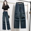 MODIQUE Women's Winter Large Size Knitted Pocket Jeans New Loose Classic Casual High Waist Black Street Style Trousers Basic Versatile Straight Jeans