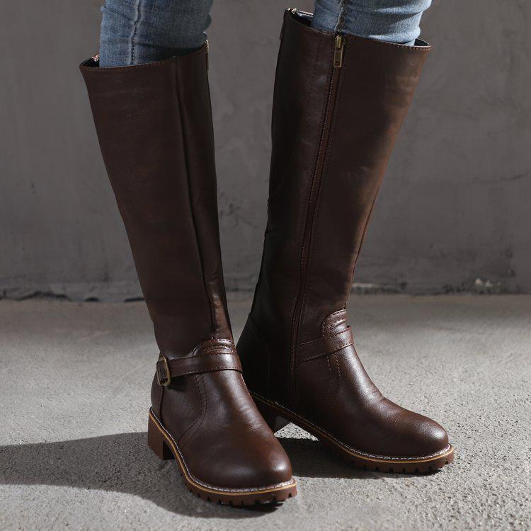 Women Knee High Boots Fashion Low Heels Square Platform Long Brown Black Leather Zip Winter Women Warm Shoes Booties