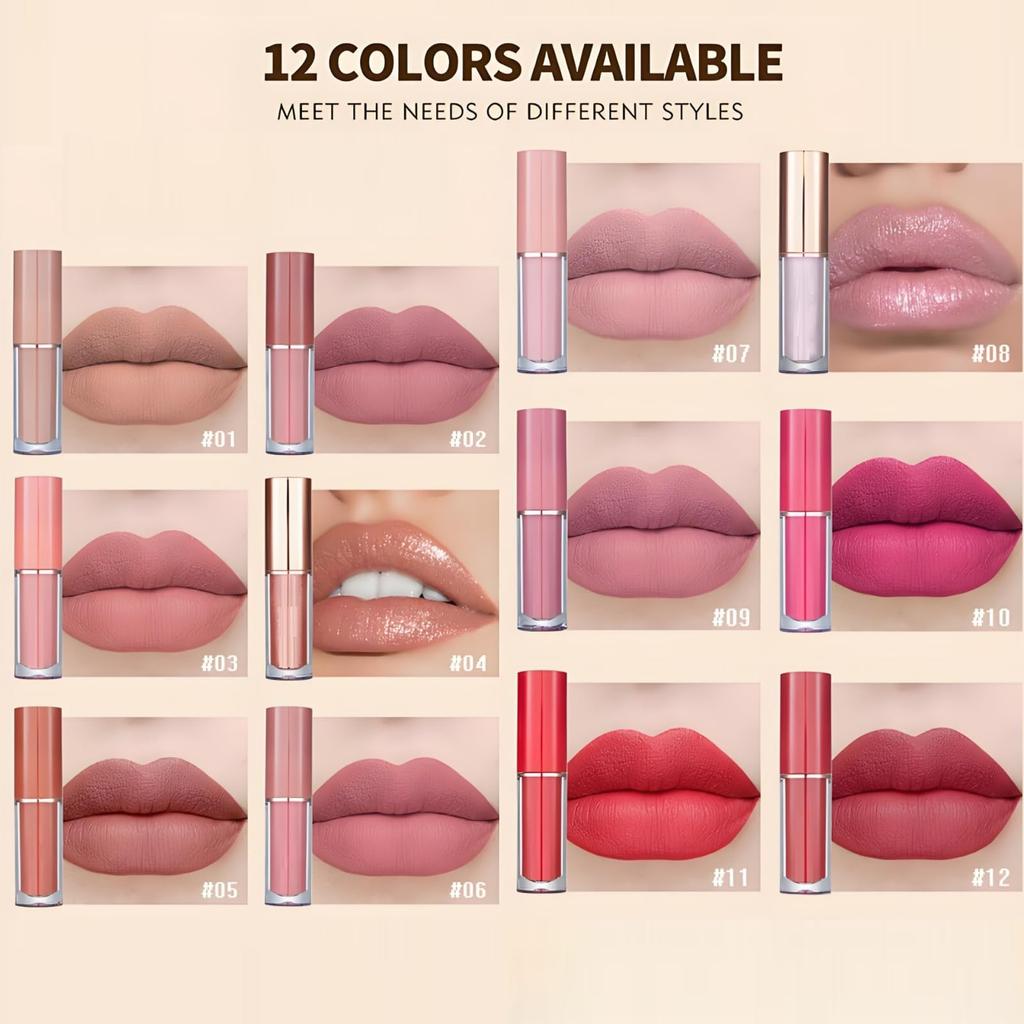 Matte Nude Lipstick Velvety Liquid Lipstick with Sexy Lip Smooth Lip Makeup with Gift Box 12-Color Set, Long-Lasting Non-Stick Cup, Gloss, Tint,