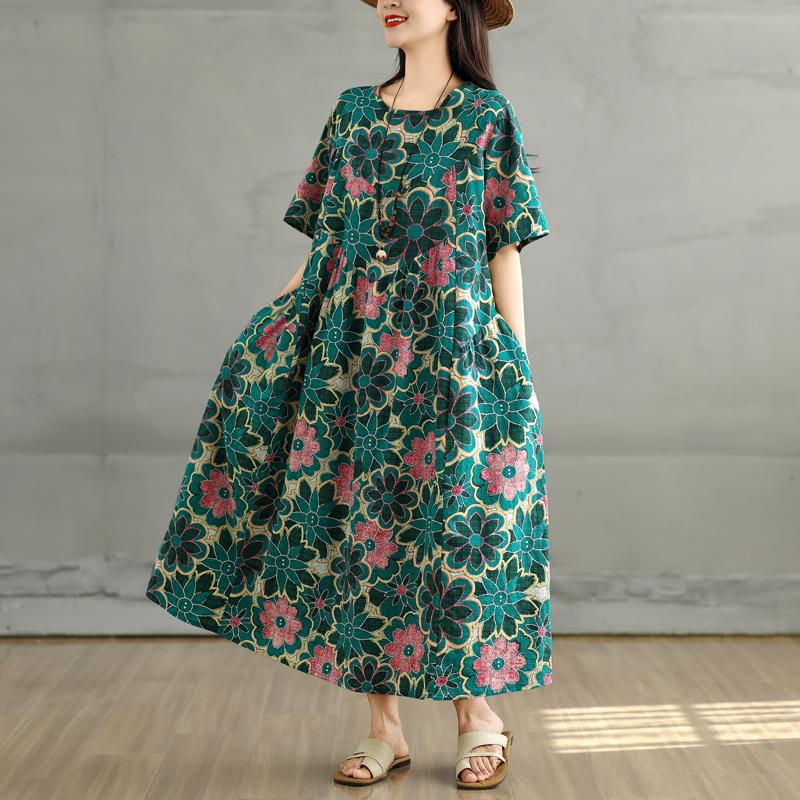 Dimanaf 2025 Summer Plus Size Dress Women Casual Vintage Shirt Dress Loose Basic Flower Printing Dress
