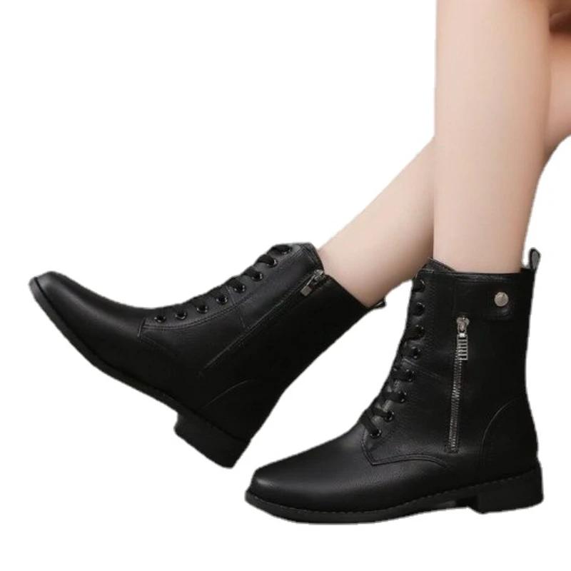 Female Shoes On Sale 2024 Lace Up Women Boots Winter Pointed Toe Solid Short Barrel Chunky Heel Fashion Boots Zapatos De Mujer
