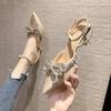 Fashion Women's High Heel Sandals Summer New Pointed Toe Rhinestone Bow Spike Heel Sandalias Comfortable Single Party Work Dress Shoe