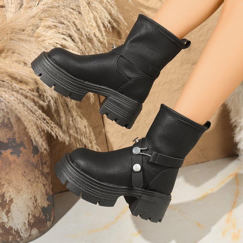 Fashion Platform Chunky Boots Women High Heels New 2025 Autumn Mid Calf Leather Sneakers Trend Winter Brown Motorcycle Boots Zapatos