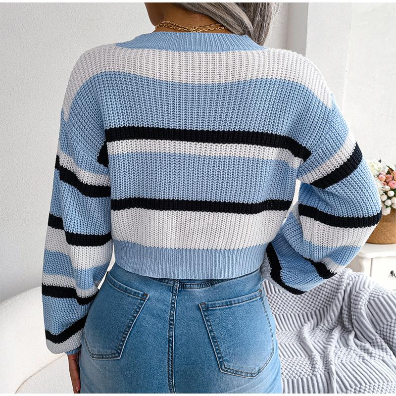 Women Autumn Winter O Neck Long Sleeve Striped Crop Loose Knit Pullover