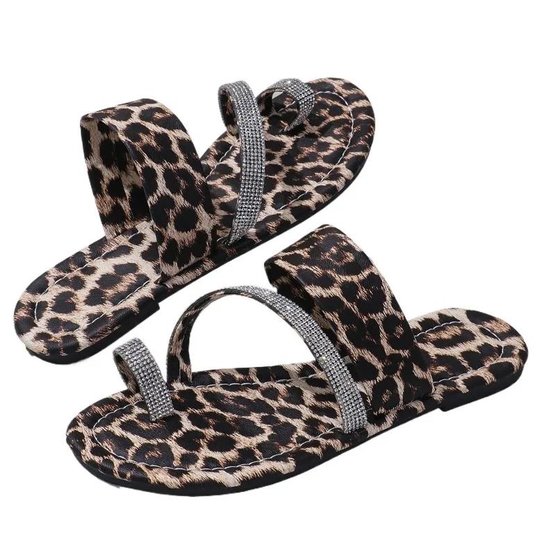 Fashion Ladies Shoes 2024 High Quality Outdoor Women's Slippers Mixed Colors Leopard Print Sequins Open Toe Low-heeled Toe Set Slippers