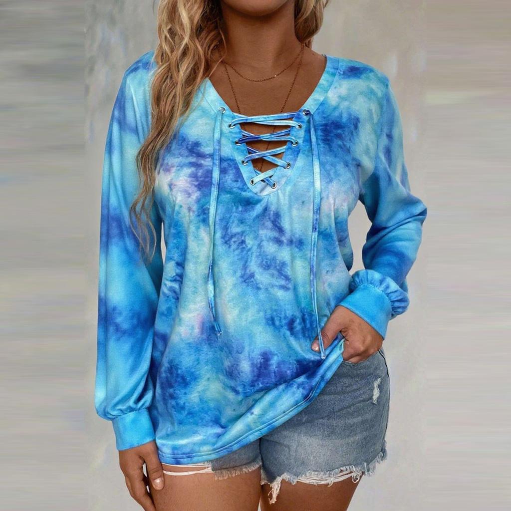 Women's Fashionable Loose-Fit Plus-Size Tie-Dye Printed Long-Sleeve T-Shirt