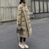 Stand Collar Windproof Coats Winter Women Buttons Big Pockets Long Parka Thickened Warmer Cotton Jacket Korean Puffer Jacket