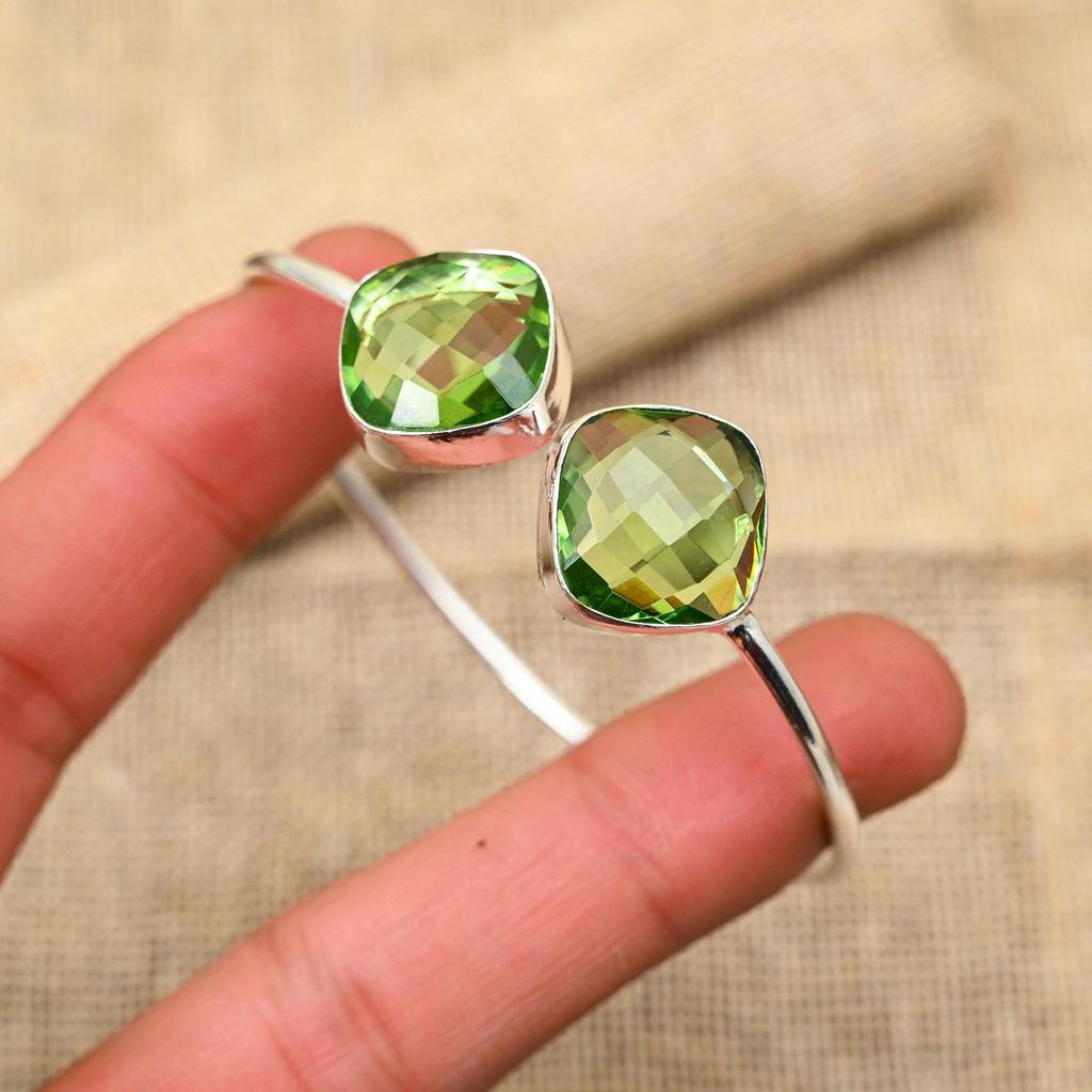 Lovely Green Amethyst Gemstone Handmade Jewelry 925 Sterling Silver Cuff Bangle For Women
