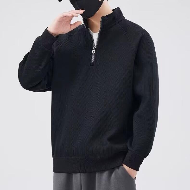 Half Zip, Thick Stand Up Collar Solid Color Hoodie, Men's, Autumn and Winter, Corduroy, Simple and Versatile, Loose with Velvet Lining, Top