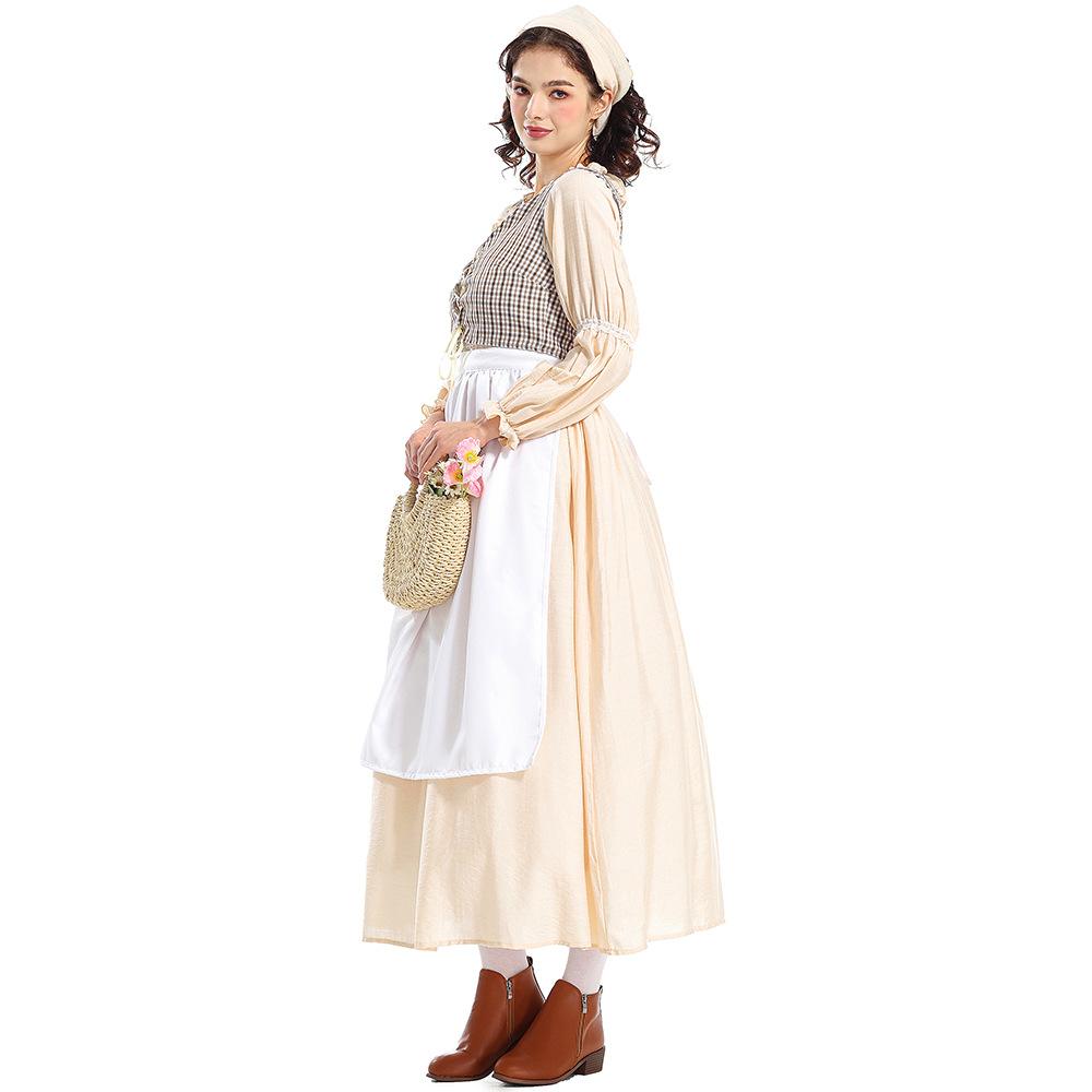 Adult Women Grassland Colony Dress Renaissance Victorian Medieval Dress Gown Apron Halloween Cosplay Costumes Role Play Outfit