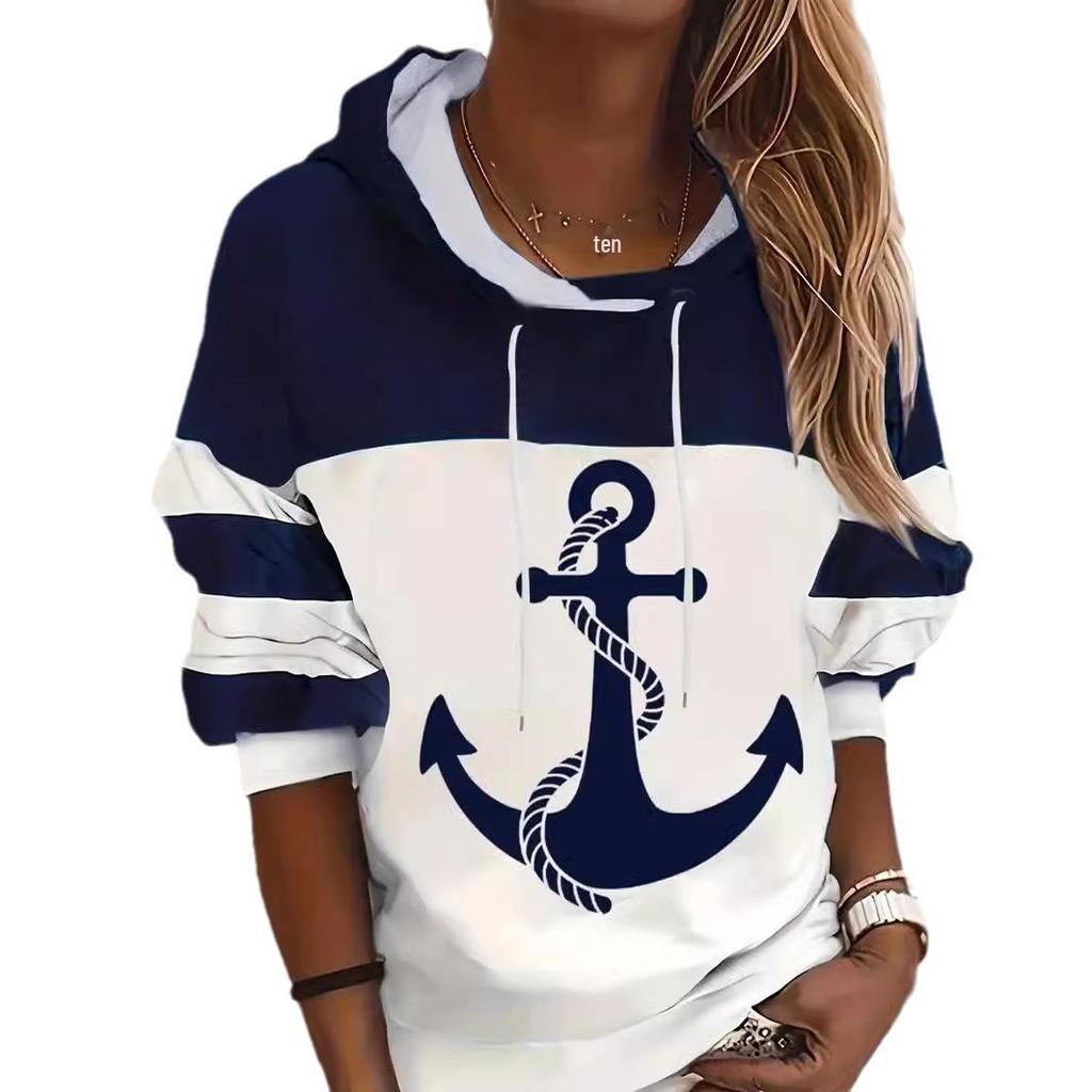 Comfortable Anchor Print Casual Hooded Sweatshirt for Women, 2024 Collection, Long Sleeve