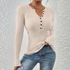 Women's Solid Color Button Knit Pullover V-neck Slim Fit Long Sleeved T-shirt Top