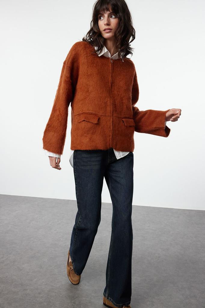 Women's Fashion Stylish Cardigan Brown Soft Textured Coat Knitwear Cardigan