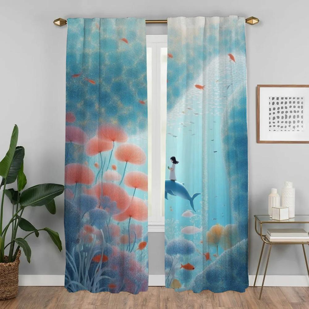 The Whale At the Bottom of the Sea Kitchen Curtains for Camera Partition Blackout Curtain for Room 2 Panel Shades Living Elegant