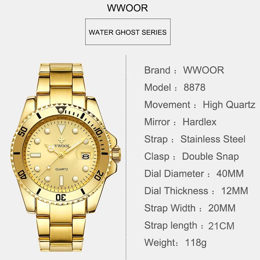 WWOOR Luxury Watches for Men Fashion Quartz Business Wristwatch Waterproof Green Water Ghost Watch Mens Watch