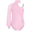 Girls Dance Leotard One Shoulder Design Mock Neck Long Sleeve Ruched Mesh Overlay Performance Bodysuit