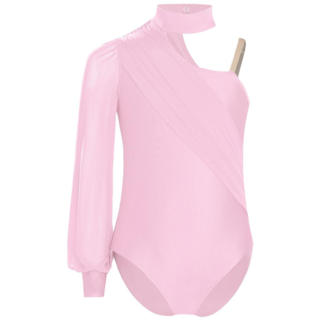 Girls Dance Leotard One Shoulder Design Mock Neck Long Sleeve Ruched Mesh Overlay Performance Bodysuit