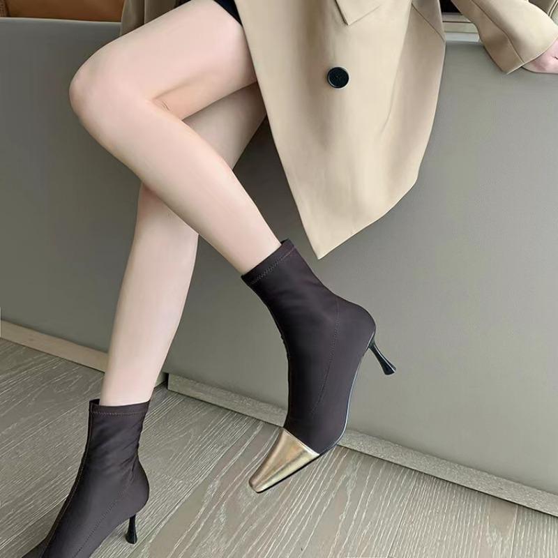 New Fashion High Heel Elastic Slim Boots Women's Shoes Mid-calf Sock Boots Pointed Rubber Material Spring and Autumn