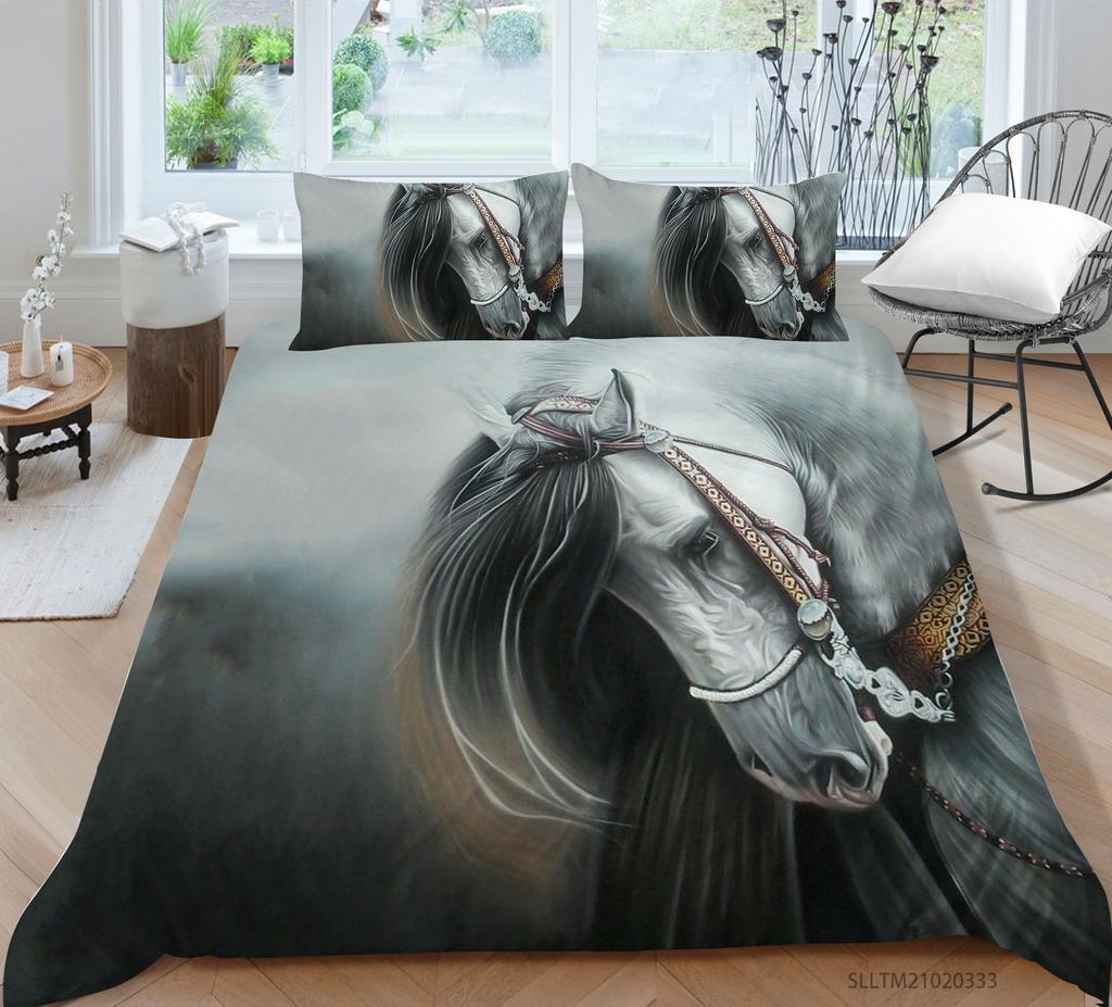 3D Horse Pattern Bedding Single Double Bed Full Size Animal Print Pillowcase and Quilt Cover Microfiber Washable Home Decoration