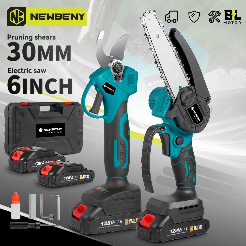 Newbeny Brushless 6 Inch Electric Saw+ 30mm Electric Pruning Shears Set Cordless Garden Woodworking Tools For Makita 18V Battery