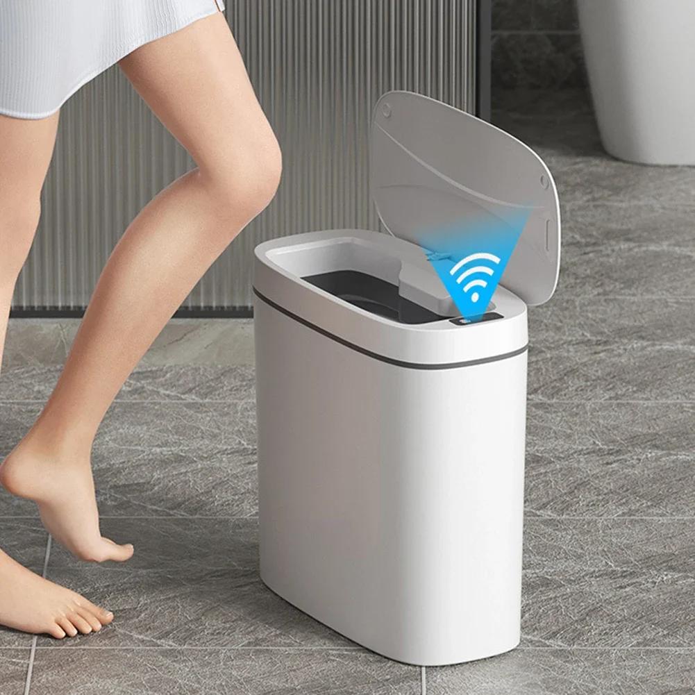 14L Automatic Trash Bin with Lid Intelligent Touchless Trash Can IPX5 Waterproof Electric Garbage Bin for Narrow Space Bathroom