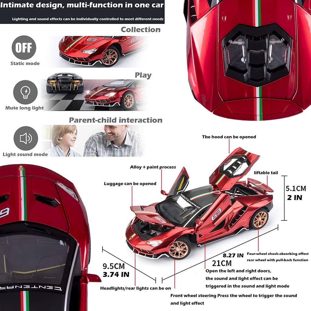 1/24 Scale LP770 Sports Racing Metal Model Diecast Car, Pull Back Vehicles with Light and Sound Toy Cars for Kids Age 3 Year and Up