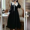 New Vintage Dress Women Sweet Lace Peter Pan Collar French Elegant Long Sleeve Lace-Up Fairy One Piece Dress Korean 2021 Spring Chic