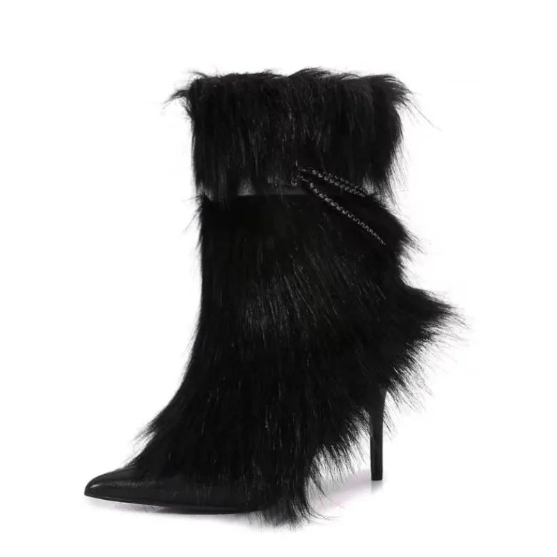 Fashion New High-heeled Pointed Niche Design Chain Hairy Boots European American Fashion Black Red Spicy Girl Sexy Women's Boots Size 43