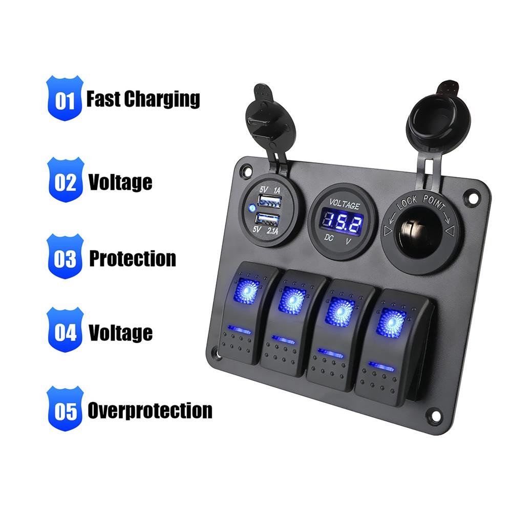 LED Rocker Switch Panel Interior Accessories Digital Voltmeter Aluminum Panel Dual USB Port 4 Gang Waterproof for Car RV Camper Caravans