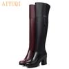 Women Genuine Leather Long Barrel Boots Winter Plus Velvet  Knee Boots High-heeled Motorcycle Boots