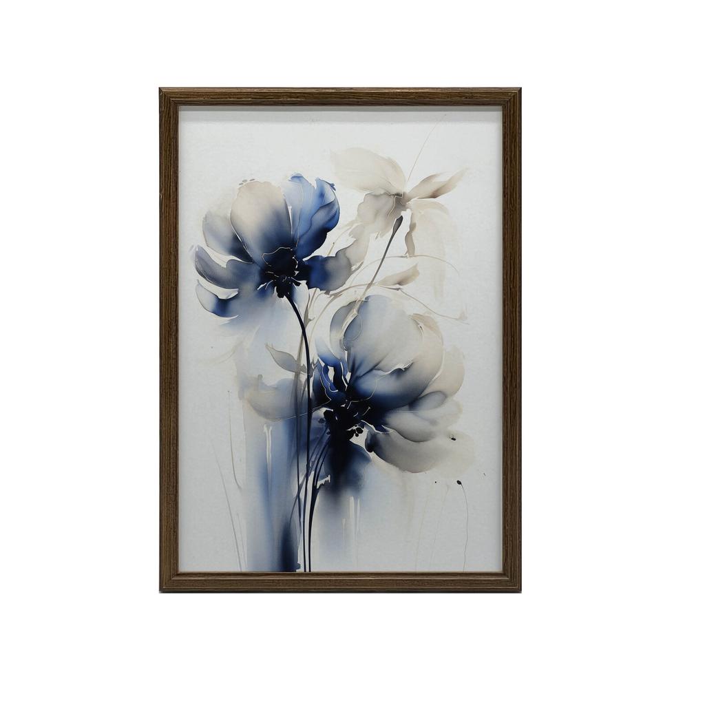 Blue Flowers In Watercolor Blue Flowers In Watercolor, 50X70 Cm, Dark Brown Wooden Frame, 230 Gsm Matte Paper