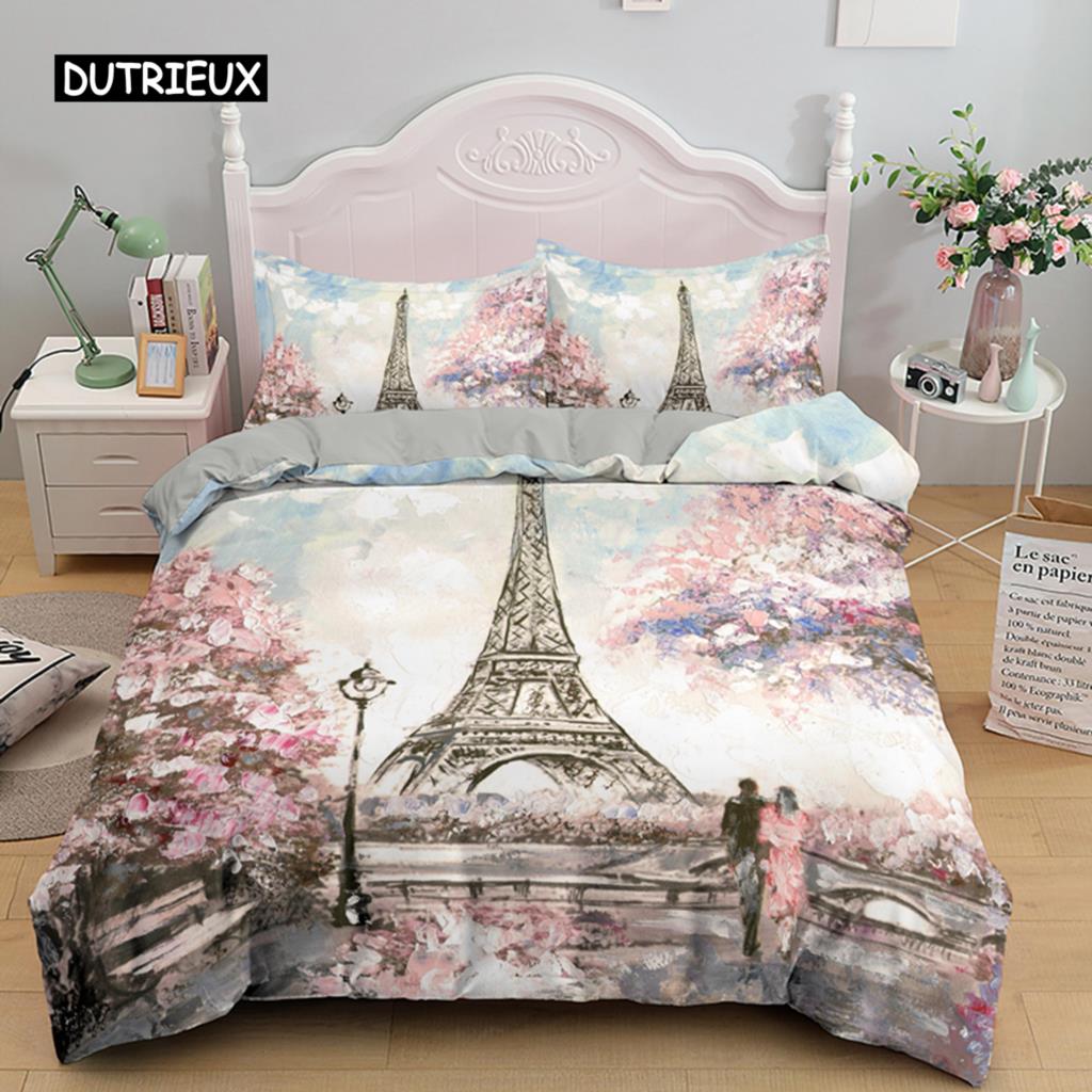 Duvet Cover Eiffel Tower Romantic Couple Flower King Comforter Cover Microfiber France Paris Cityscape Bedding Set for Teen
