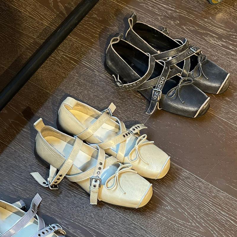Cowhide Version~ Korean Version of Square Head Pig Nose Ballet Mary Jane Women's Shoes French Light Mouth Bow Single Shoes Women's Thick Heel