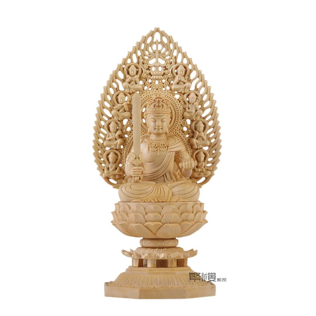 Traditional Japanese Cypress Art Carving Manjusri Bodhisattva Buddhist Statue, Buddhist Altar Ornament, Flying Celestial Being Halo, Lotus Pedestal,