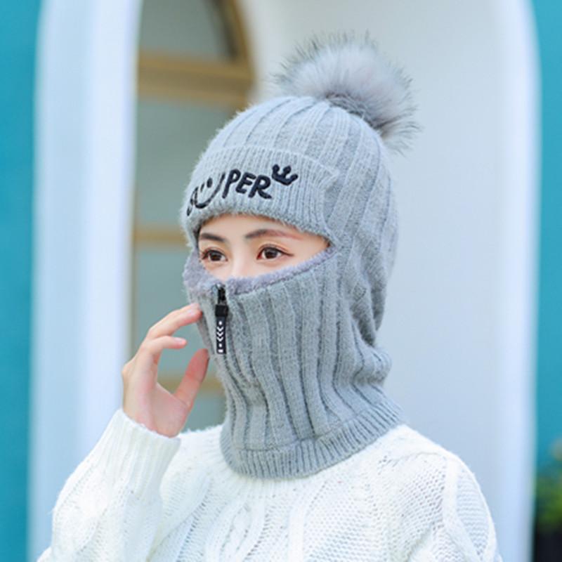 Women Winter Knitted Hat New Add Fur Lined Warm Winter Pompoms Hats For Women Keep Face Ear Warm Cap