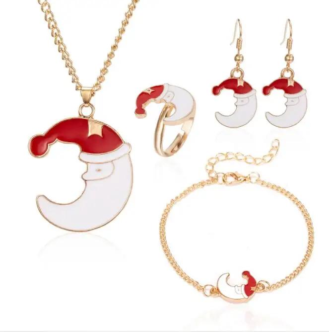 4pcs/set Christmas Necklace Earrings Bracelet Ring Four-piece Christmas Ornaments Xmas Gift Sjewerly Sets for Women
