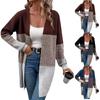 Women's Autumn And Winter Fashion Retro Casual Long Sleeve Color Blocking Mid-Length Knitted Cardigan Jacket