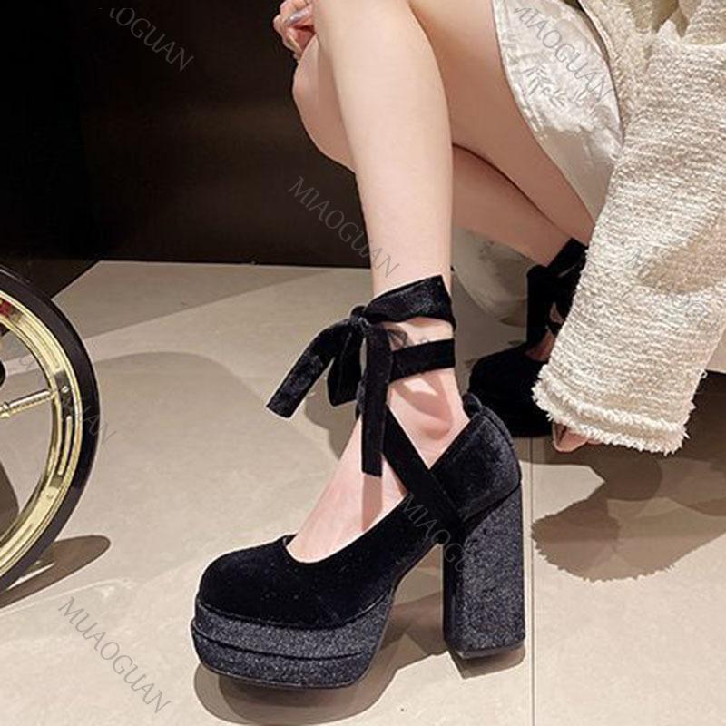 Fashion Platform Women Mary Jane Shoes Fashion Elegant Cross Strap Thick Heeled Shoes Spring Ladies College Style Suede Dress Pumps