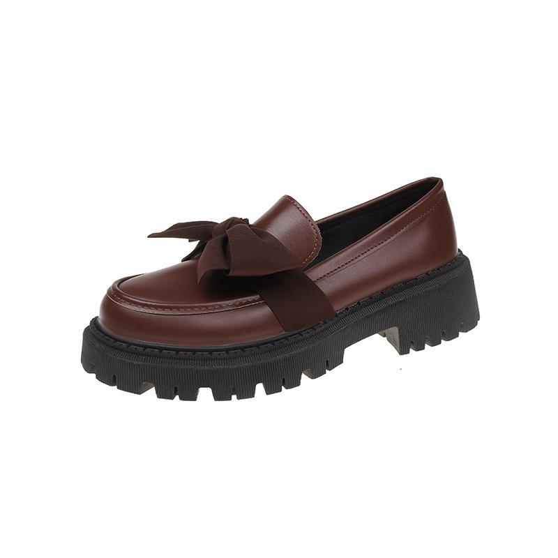 Fashion Bow Loafer Shoes Women 2024 Spring and Autumn New Thick Sole Mid-heel Lazy British Style Retro Small Leather Shoes