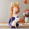 Bowknot Lady with Cat Showpiece Statue Collectibles Figurines for Home Decor Outdoor Entrance Living Room Decoration (13.2 Inch Height)