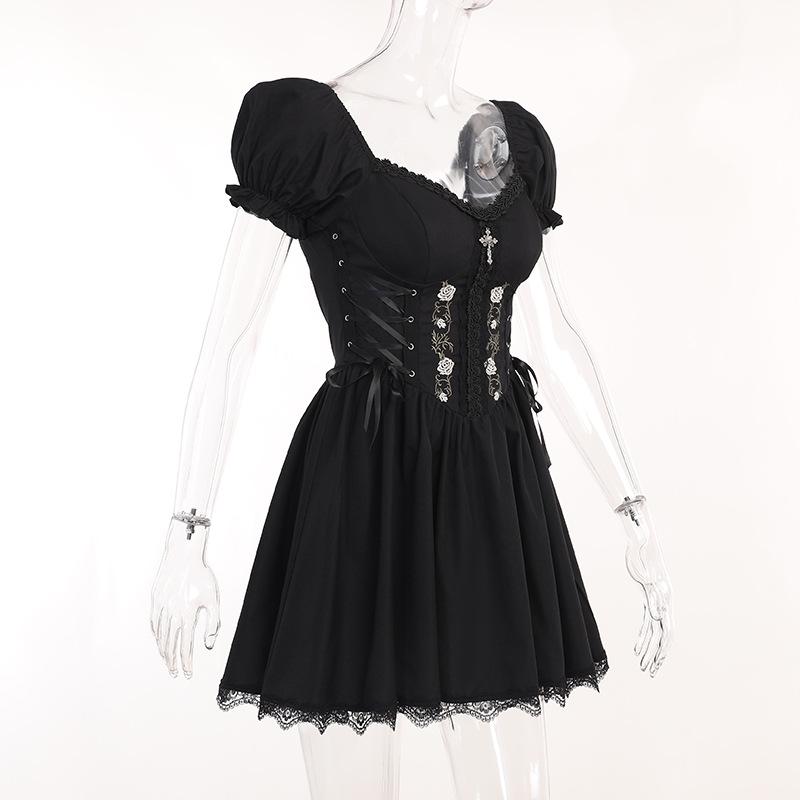 AltGoth Vintage Gothic Princess Dress Women Dark Harajuku Lace Up Cross Corset Dress Streetwear Partywear Lolita Dress Female