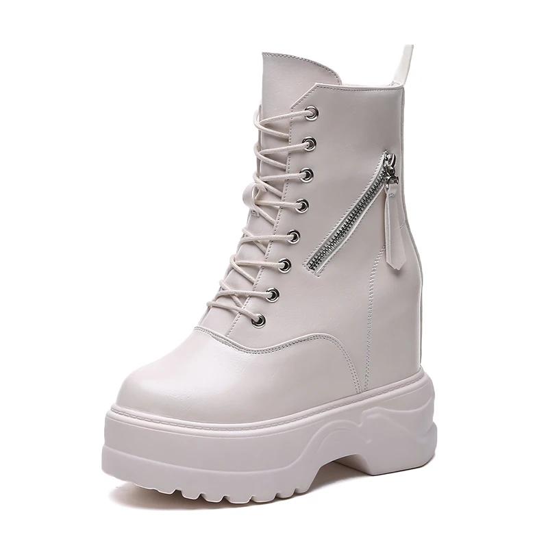 Fashion 11CM New Women Autumn Ankle Boots Increase Platform Zipper Sneakers Woman Leather Boots High Heels Winter Motorcycle Boots