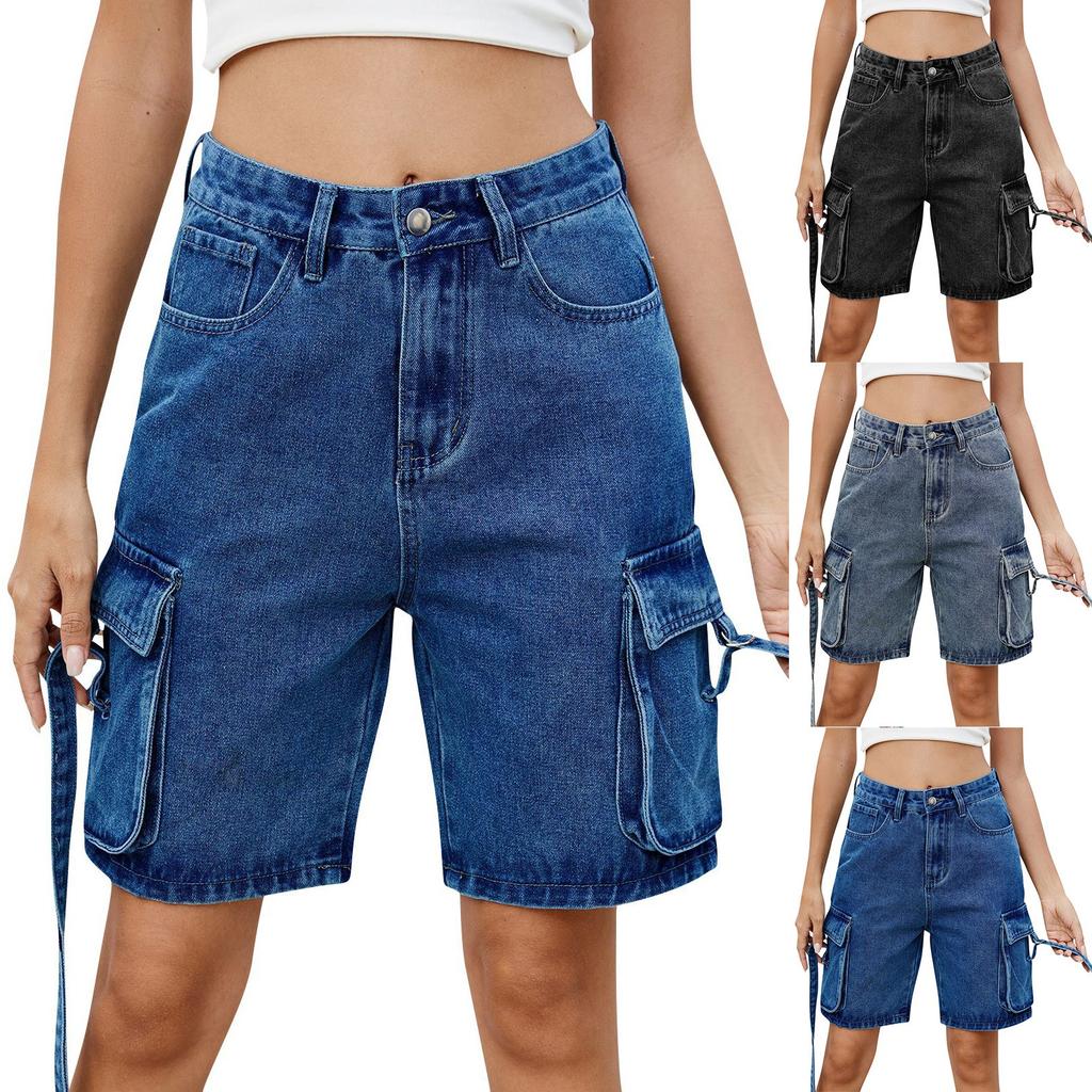 Women's Fashionable Solid Color Pocket Workwear Denim Casual Five Quarter Shorts