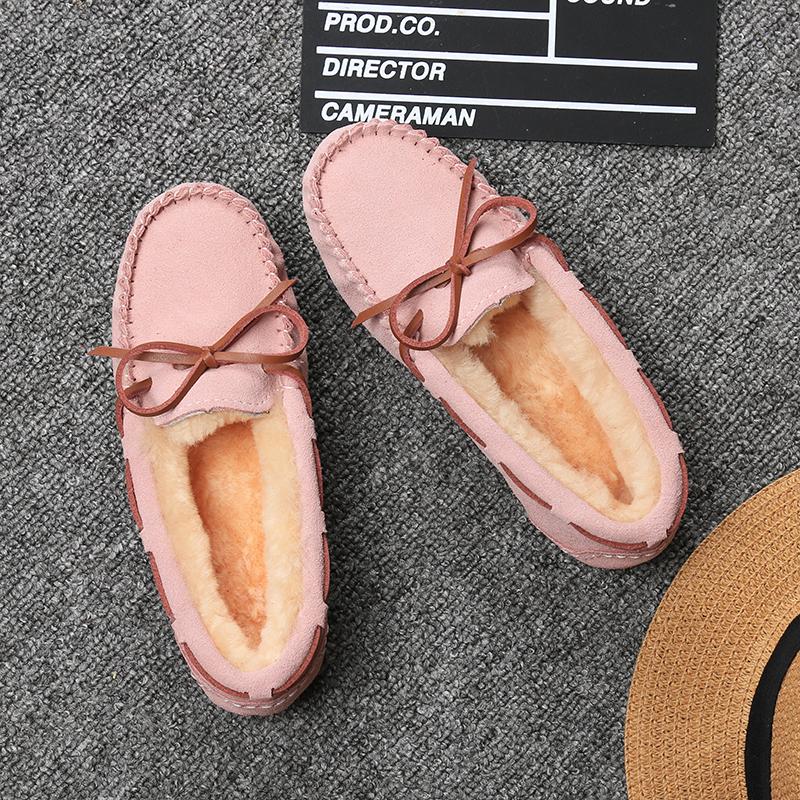 Women Winter Warm 100% Genuine Leather Flat Shoes Casual Loafers Slip On Women's Flats Plush Shoes Moccasins Lady 2024
