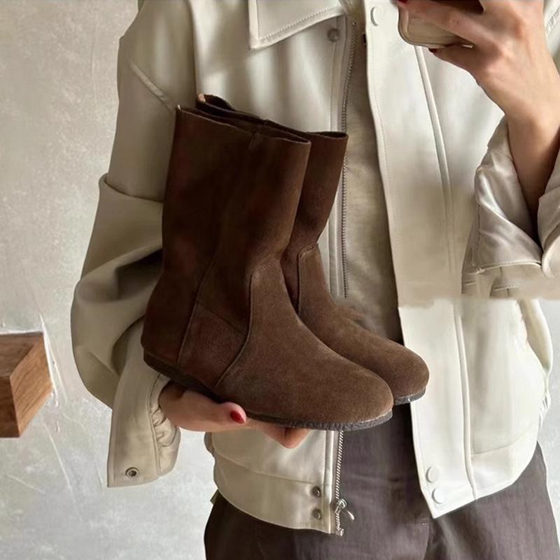 Retro Literary and Artistic Flip Fur Flat-bottomed Short Boots Women's Versatile Round Head Stacking Sleeve Martin Boots