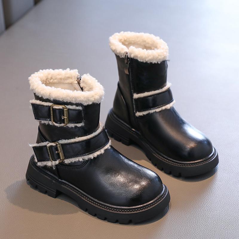 Girl Platform Black Leather Boots Simple Chic Winter Boots for Children Fashion Causal Versatile Kids British Style Cotton Boots