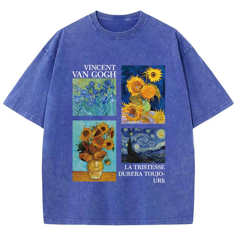 Cotton Women Acid Wash T-Shirts Van Gogh La Tristesse Durera Toujours Prints Tees Oversize O-Neck Distressed Tops