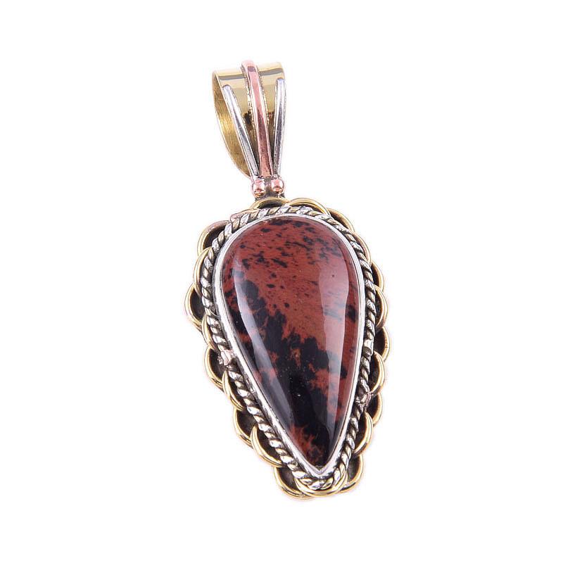 Natural Mahogany Obsidian Gemstone 925 Solid Silver Two Tone Pendant 1.50'' C5y40