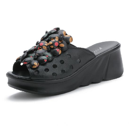2024 Summer Woman Shoes Platform Slippers Wedge Genuine Leather Women High Heel Slippers For Women Retro Sandals Female Shoes